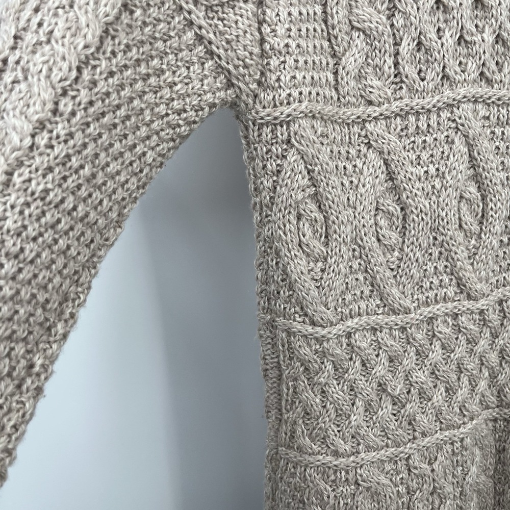 inis crafts merino 100% wool Sweater L Tan Long Full Zip Cable Knit Ireland Boho - Picture 8 of 12